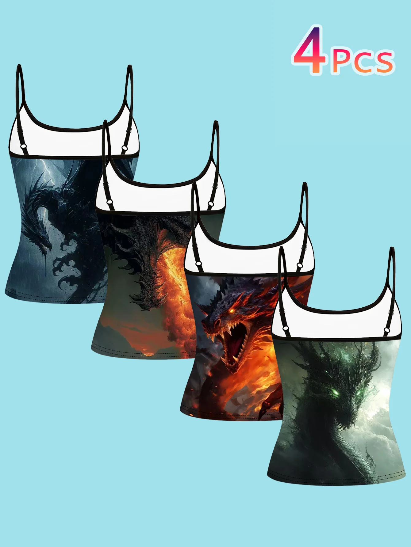 4-Piece Set of Fantasy Dragon Print Camisoles for Women, Featuring Lightning, Fire, and Dark Dragons in Artistic Illustrations, with Thin Straps and a Slim Fit Design
