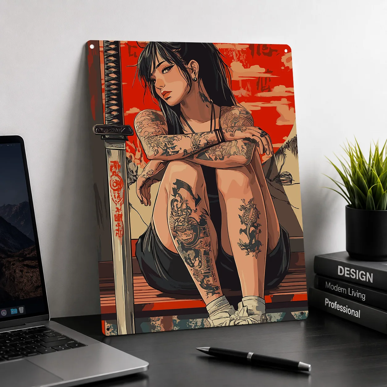 Tattooed Woman With Katana Personalized 3D Textured Metal Poster Wall Art Tinplate Sign for Home Deco Article Decoration Gaming