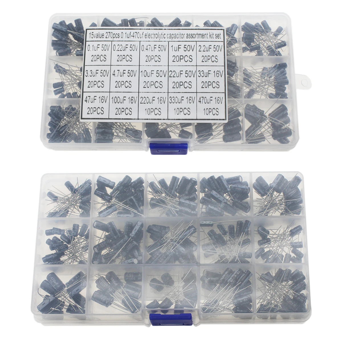 Electrolytic Capacitors Assortment Kit 16V 50V 0.1uf-10uF 22uF 33uF 47uF 100uF 220uF 330uF 470uF 270pcs/lot 15Values