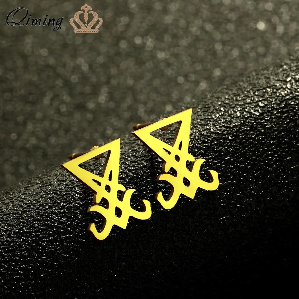 QIMING Satanic Cross Stud Earrings Men Women Stainless Steel Jewelry Occult Left Path Luciferian Goth Sigil Gift