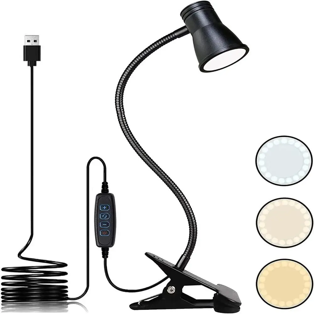 

3 Color Modes LED Desk Lamp USB Charging Black Clip On Reading Light 360° Turn Strong Clamp Table Lamp Living Room
