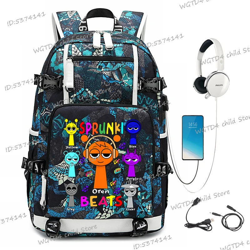 Men Women 2025 New Backpack Cartoon Sprunki Incredibox Game Travel Bag Pack Sprunki Oren Beats Pattern USB Charging Schoolbag