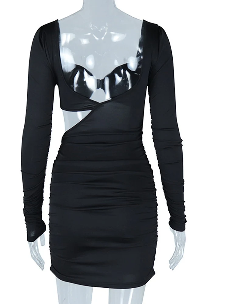 Beyprern ​Women's White Cutout Long Sleeve Ruched Bodycon Dress Sexy Solid Hollow Out Backless Night Clubwear Outfits
