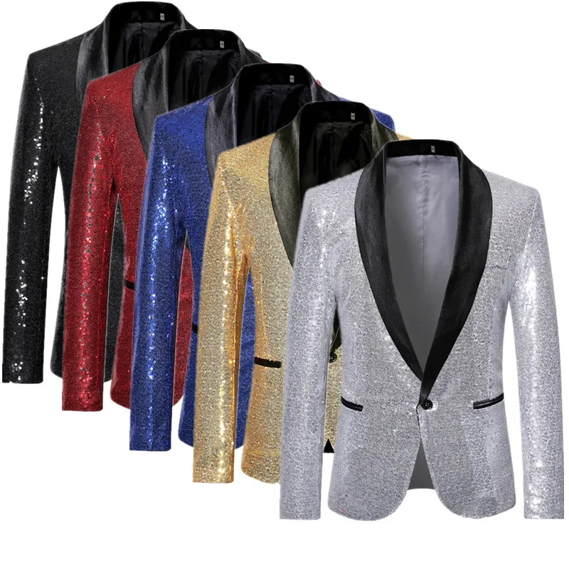 

Silver Men's Long Sleeve Suit Jacket, Sequins Decoration Dress Coat, Wedding/Party/Stage Performance European Sizes Blazers.