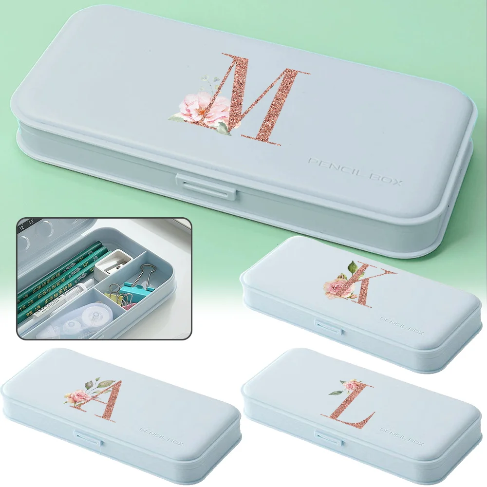 

Multi-Compartment Stationery Organizer Portable Plastic Pencil Box School Supplies Storage Pen Box Rose Gold Letter Pattern