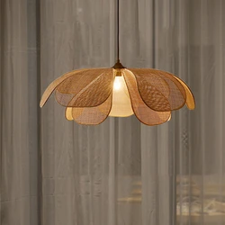 Japanese Tea House Pendant Lights Rattan Weaving Petals Wicker Hanging Lamp For Parlor Dining Room Bedroom E27 Bulb