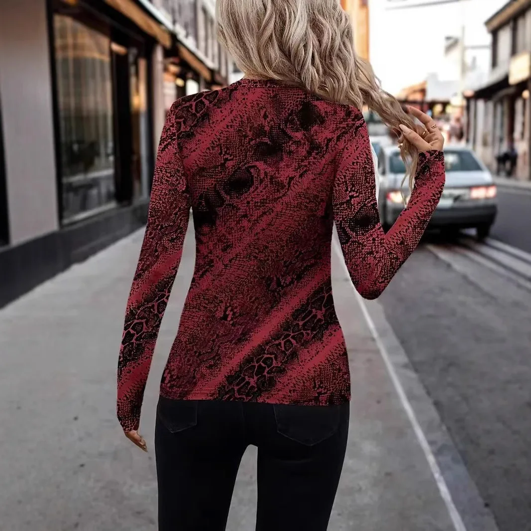 Cross-border Women's Clothing Autumn Long-sleeved Leopard Print Slim-fit Top Crew Neck Women's Clothing Cw27652
