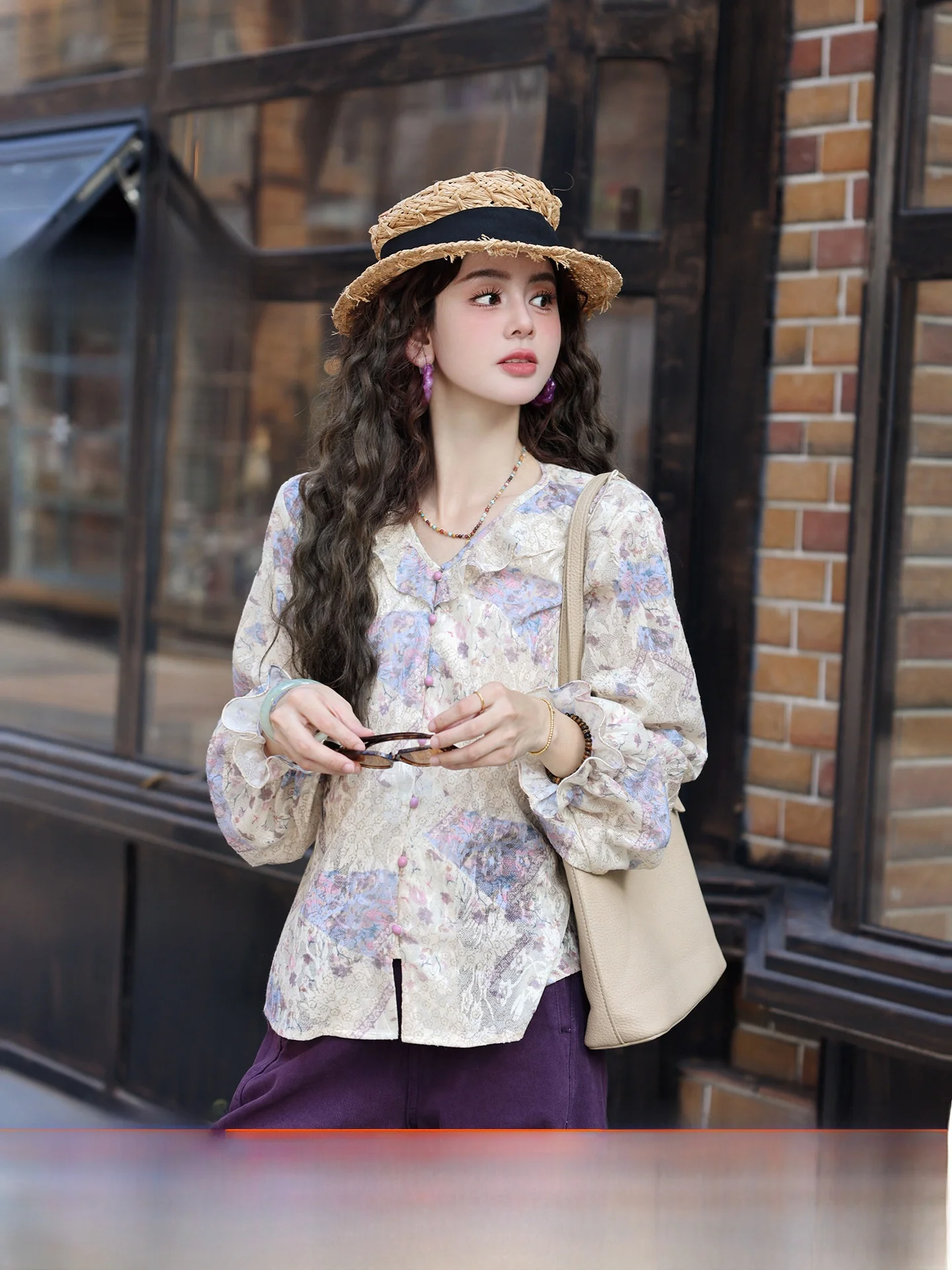 

Chen Jiajie Pink Mist Trimmed Long Sve Unique Beautiful Small irt Women's Early Autumn Top Skin-friendly Breathable Cott...