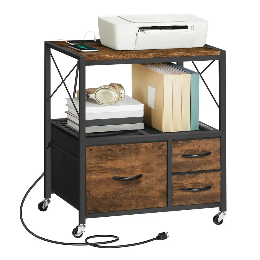 

Cabinet with Charging Station, 3 Drawer Lateral Filing Cabinet for Home Office, Mobile Printer Stand with Open Shelf, Fits A4 Le