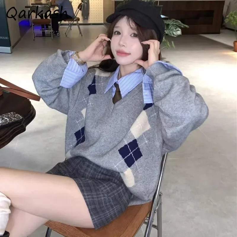 

Pullovers Women V-neck Vintage Diamond Plaid Preppy Style Korean Trendy Casual Students Knitted Long Sleeve Loose New Outwear