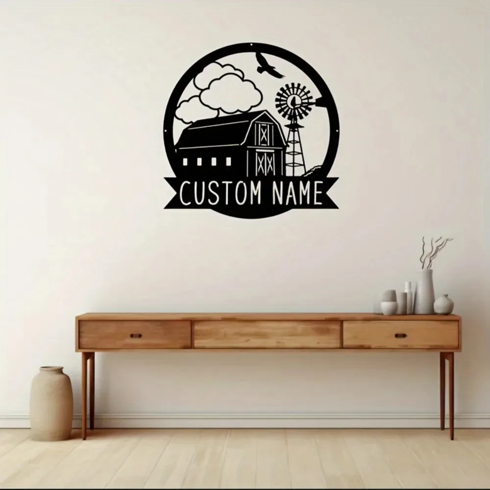 1pc 2D Flat Windmill Barn Farm Scene Custom Metal Plaque Personalized Family Name Wall Ornament Bohemian Farmhouse Patio Backyar