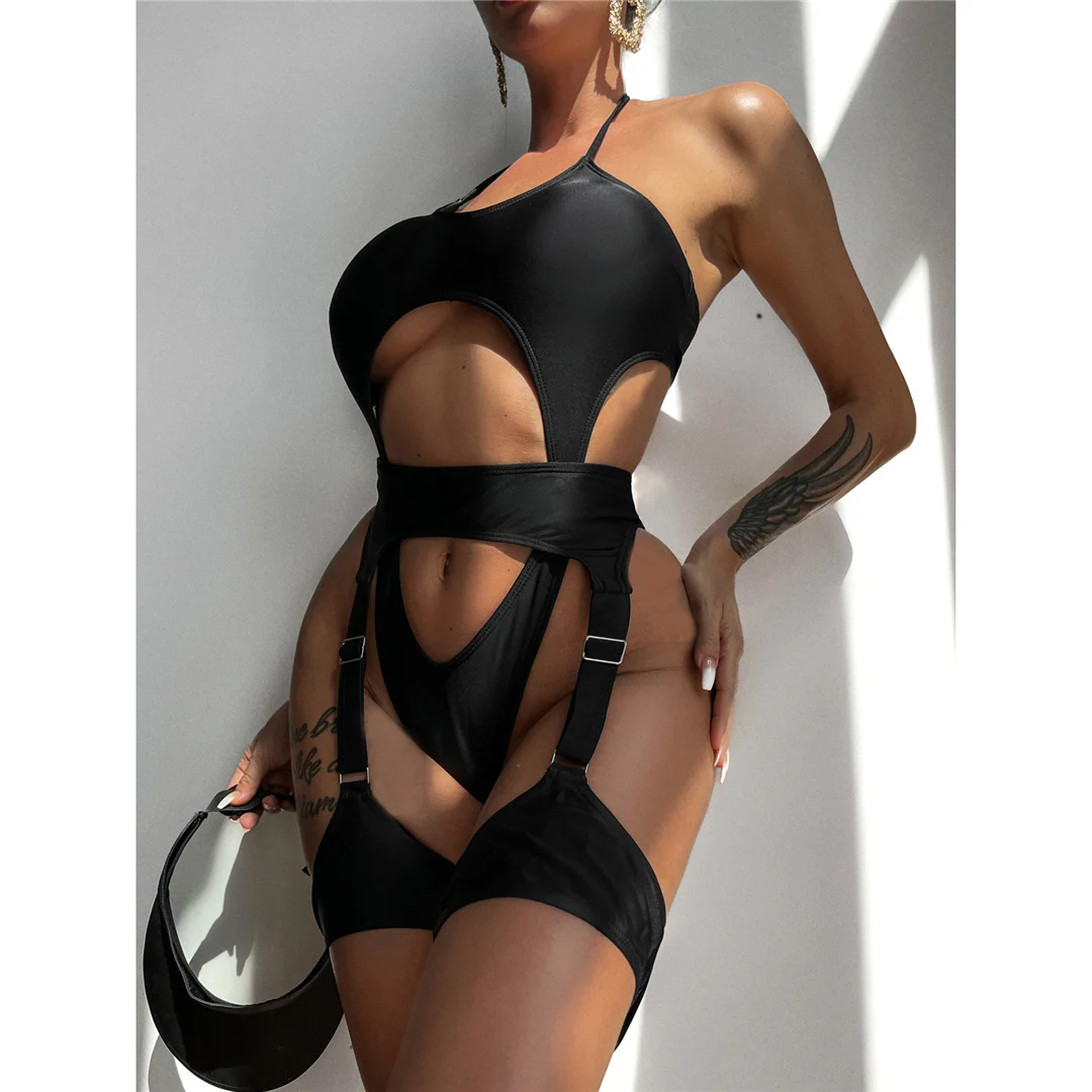 Sexy One-Piece-Badeanzug mit Bauchausschnitt, Neckholder und Strumpfhalter, Damen-Badebekleidung, High-Leg-Cut, Badeanzug für Damen, V4415 – Detail 13