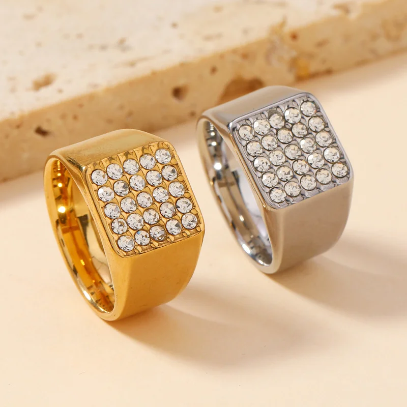 14mm Delicate Shiny Cubic Zirconia Signet Ring for Men Square Stainless Steel Finger Band Gothic Punk Rock Boy Stamp Jewelry
