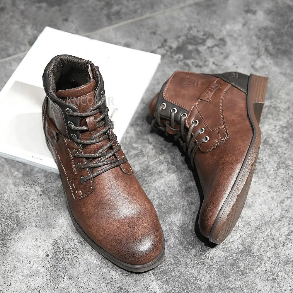 Fashion Retro Ankle Leather Men Boots High-Top Side Zipper Tooling Black Brown Boots Classic Outdoor Desert Boots Autumn Shoes