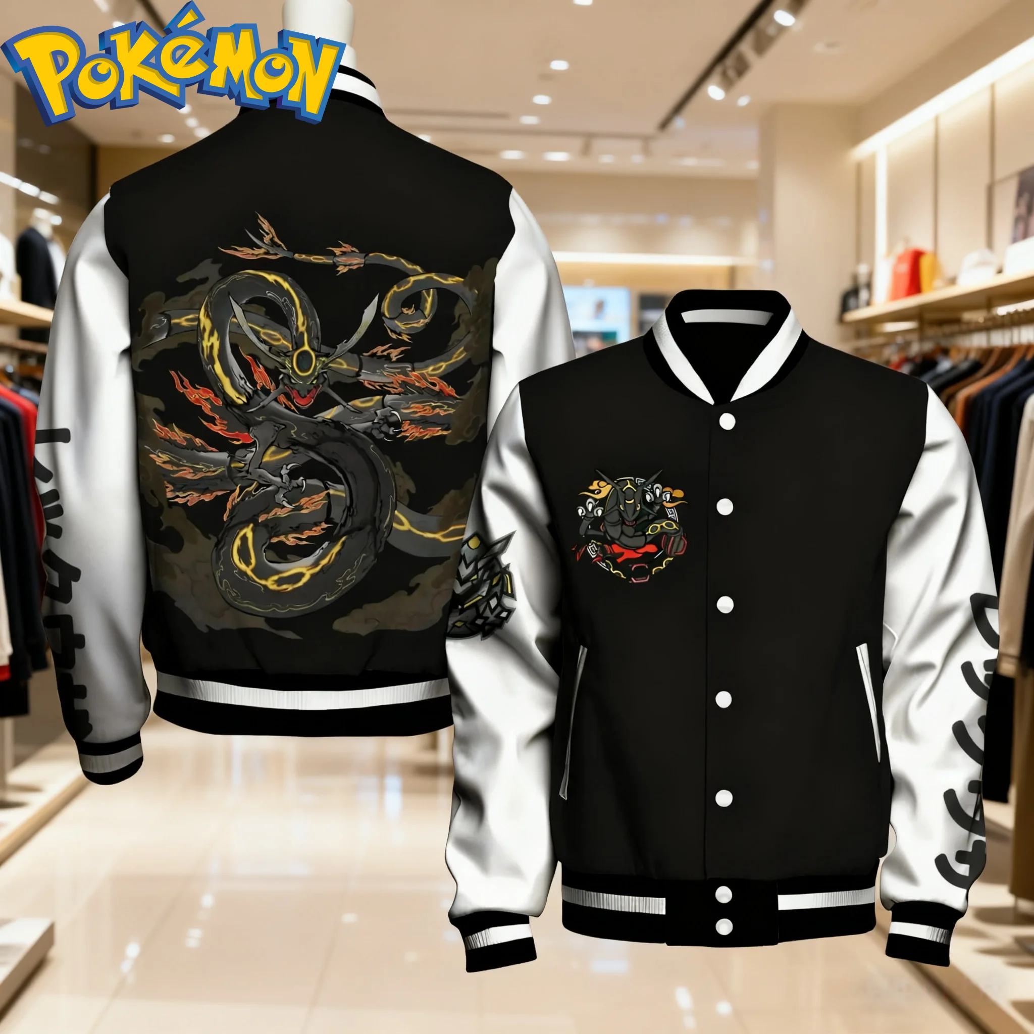 Chaqueta de béisbol unisex de Pokémon, bloque de color blanco y negro, estampado en la espalda Rayquaza con llamas, relámpago y logotipo en el pecho con texto japonés