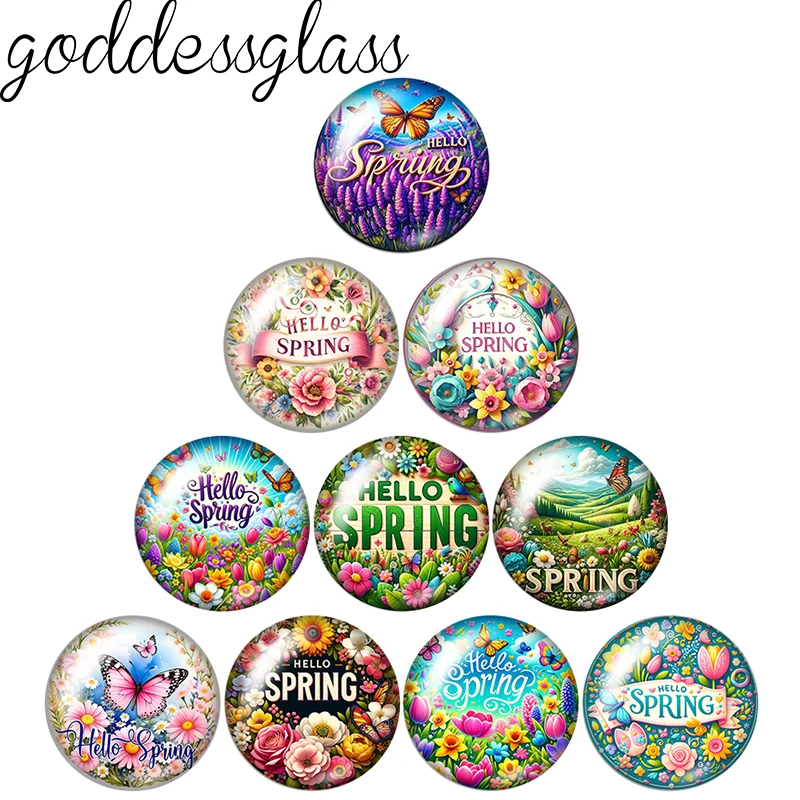 Beauty Hello Spring Flowers Photos 12mm/18mm/20mm/25mm Round glass cabochon flat back Making findings for custom DIY bracelets