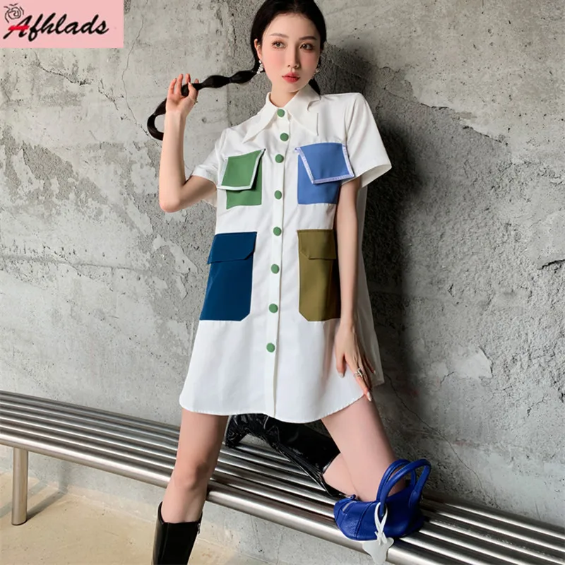 

Contrast Color Pocket Female White Shirt Runway Summer Turn-Down Collar Single Breasted Casual Short Sleeve Women Blouse