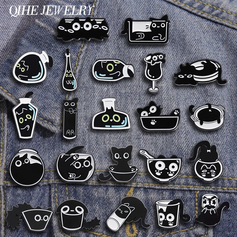 

Cute Black Kitten In Water Cup Fish Tank Enamel Pins Creative Cartoon Cat Animal Badge Backpack Lapel Brooch Funny Jewelry Gift