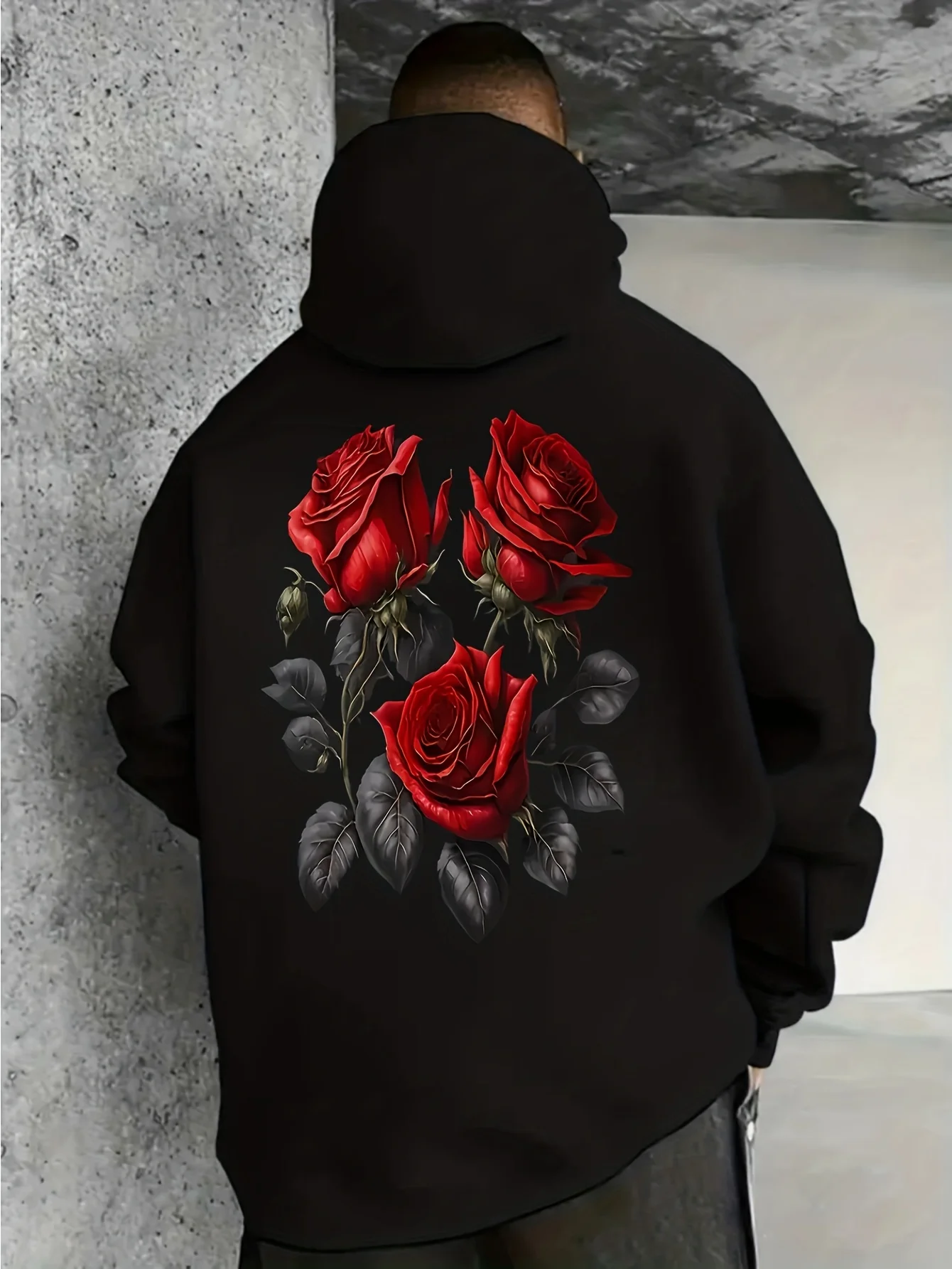 Men's & Women's Black Hoodie with Red Rose & Green Leaf Back Print - Cotton Blend Pullover Sweatshirt, Kangaroo Pocket, Regular Fit Casual & Game Day Wear, Unisex Urban Streetwear for Men and Women (Machine Washable)