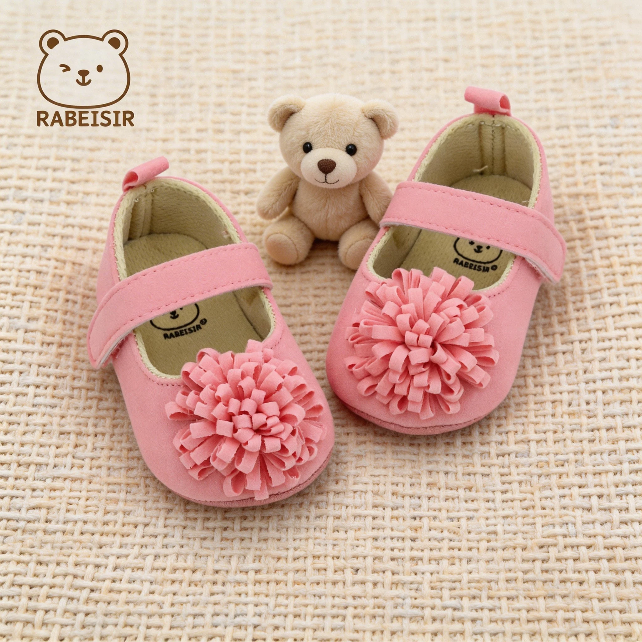 Baby Girls Mary Jane Shoes 0‑18 Months Sweet 3D Fabric Flower Decor Single Strap Hook&Loop Lightweight Soft Sole Infant Prewalke