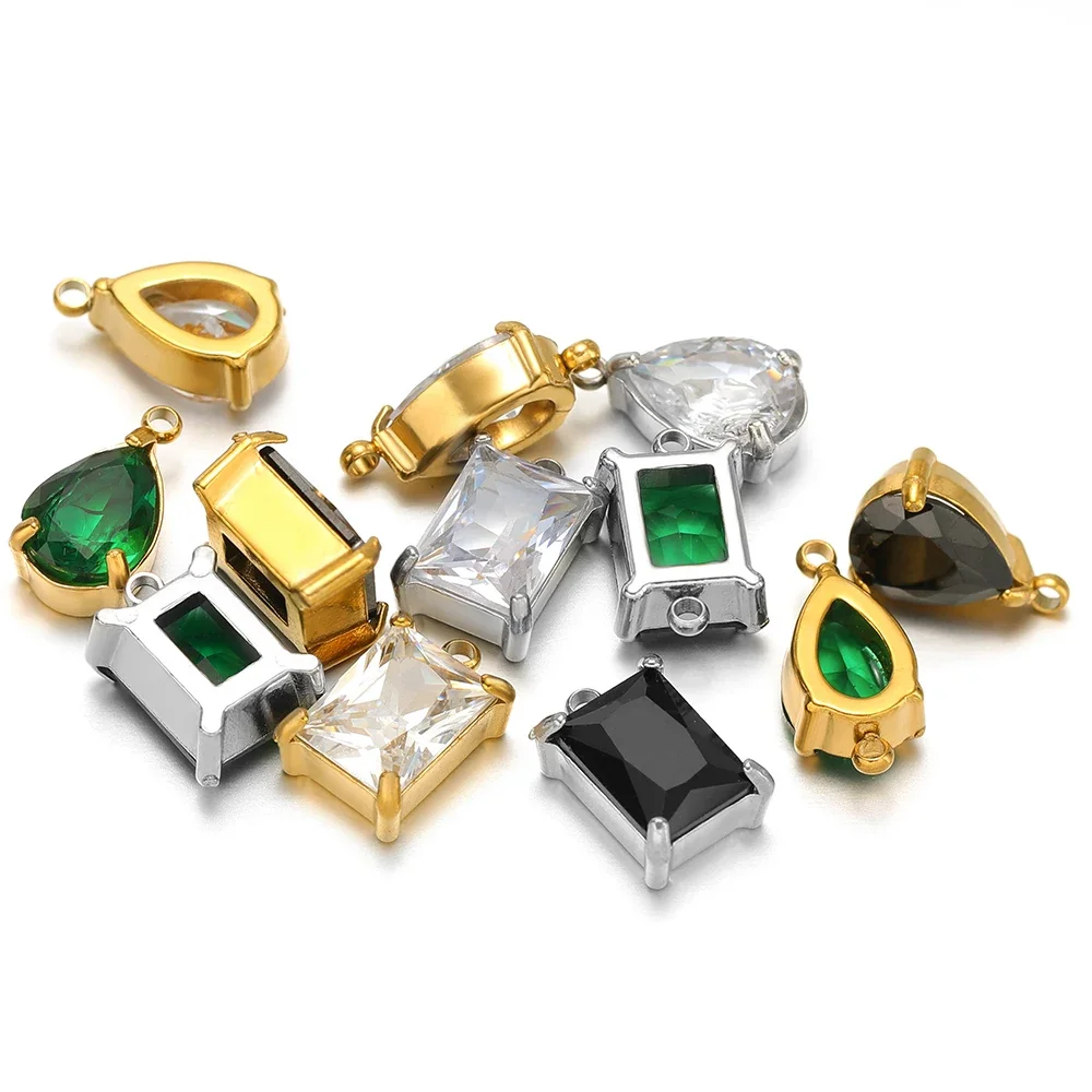 5pcs Stainless Steel Drop-shaped Zircon Pendants Cuboid Glass Crystal Charms for DIY Necklace Bracelet Supplies Jewelry Making