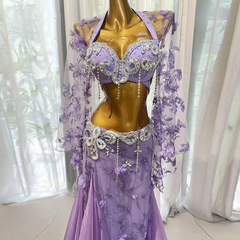 Zestaw do występów tańca brzucha: luksusowy biustonosz z frędzlami z kryształków górskich + seksowna spódnica typu rybka, 2-częściowy strój orientalny na zawody taneczne.