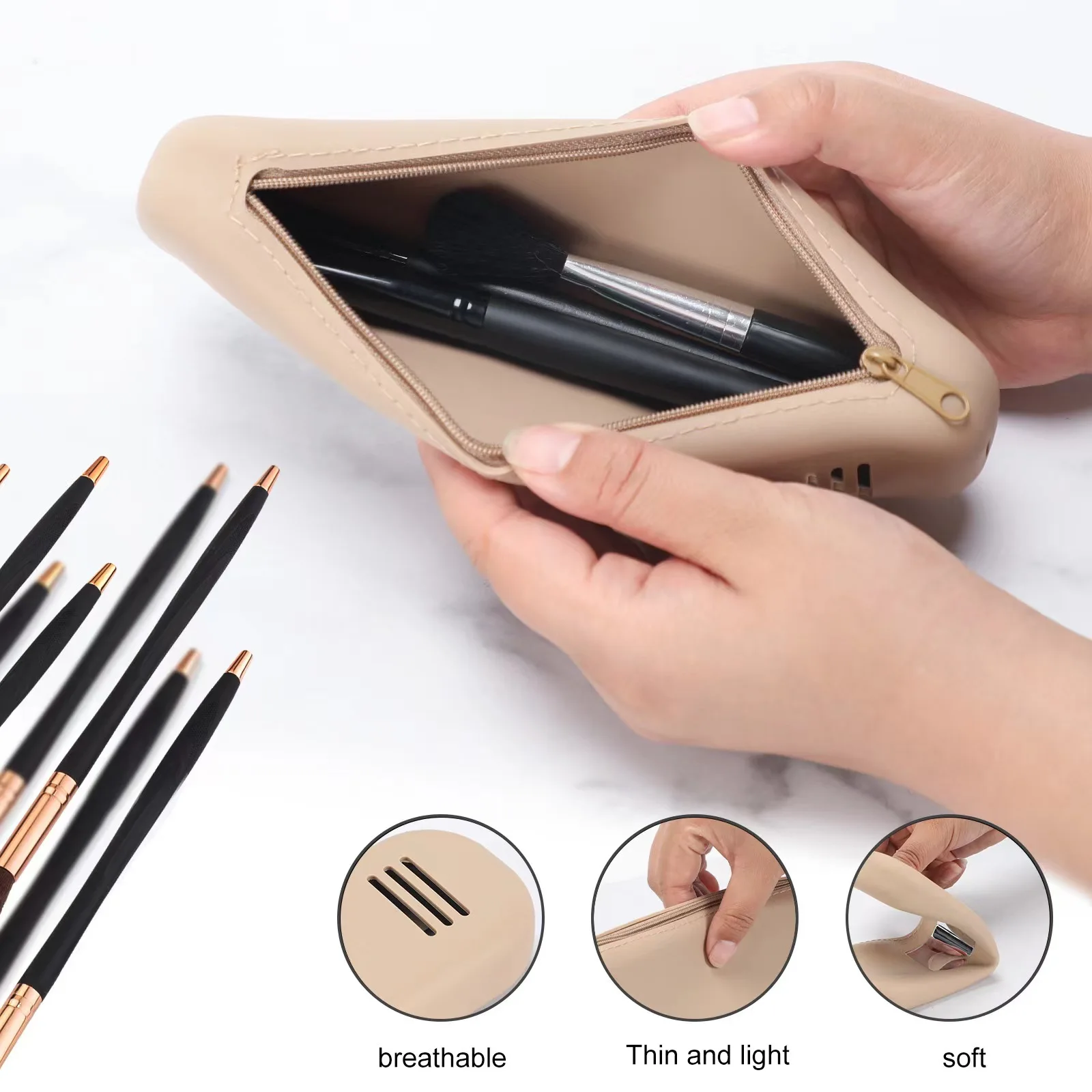 Ins Style Makeup Brush Bags Silicone Material With Zipper  Waterproof Dust-proof Pure Color Portable Home Or Travel