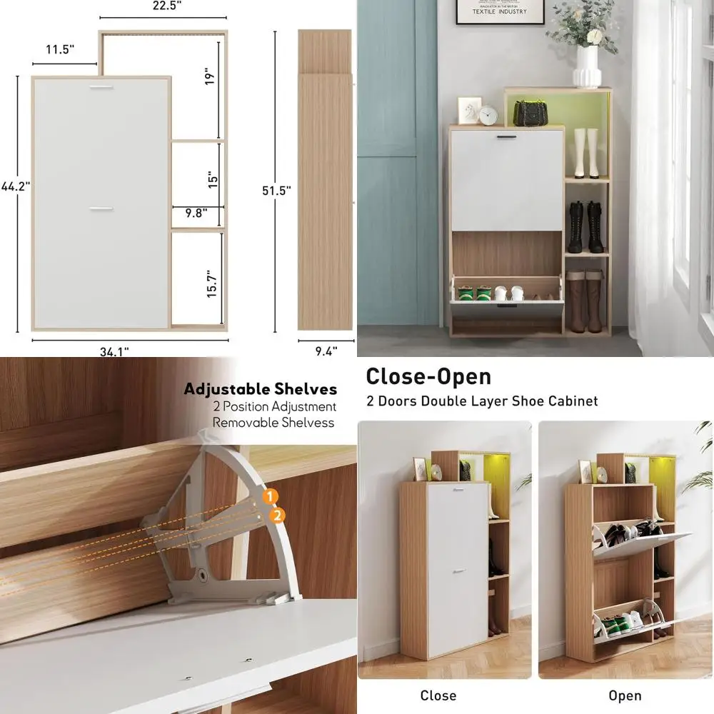 

Modern LED-lit Narrow Shoe Rack, 2-Drawer Wooden Shoe Storage Cabinet for Entryway, Hallway in White