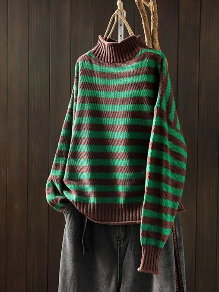 

Retro Striped High Collar Sweater Women's Loose Casual Knitted Top Winter Lazy Sle Boting Overhead Coat