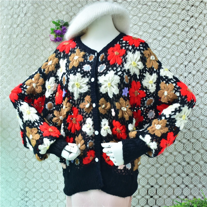 Ladies Women Autumn Winter Fashion Flower Hand Crochet Long Sleeves Loose Cardigans Sweater Jacket Pull Tops Jersey