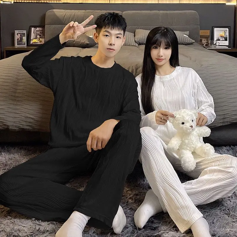 2024 Autumn Couple Pyjamas Women Leisure Wear Simplicity Men Long Sleeve Solid Sleepwear Pajamas Set Women Round Neck Nightwear