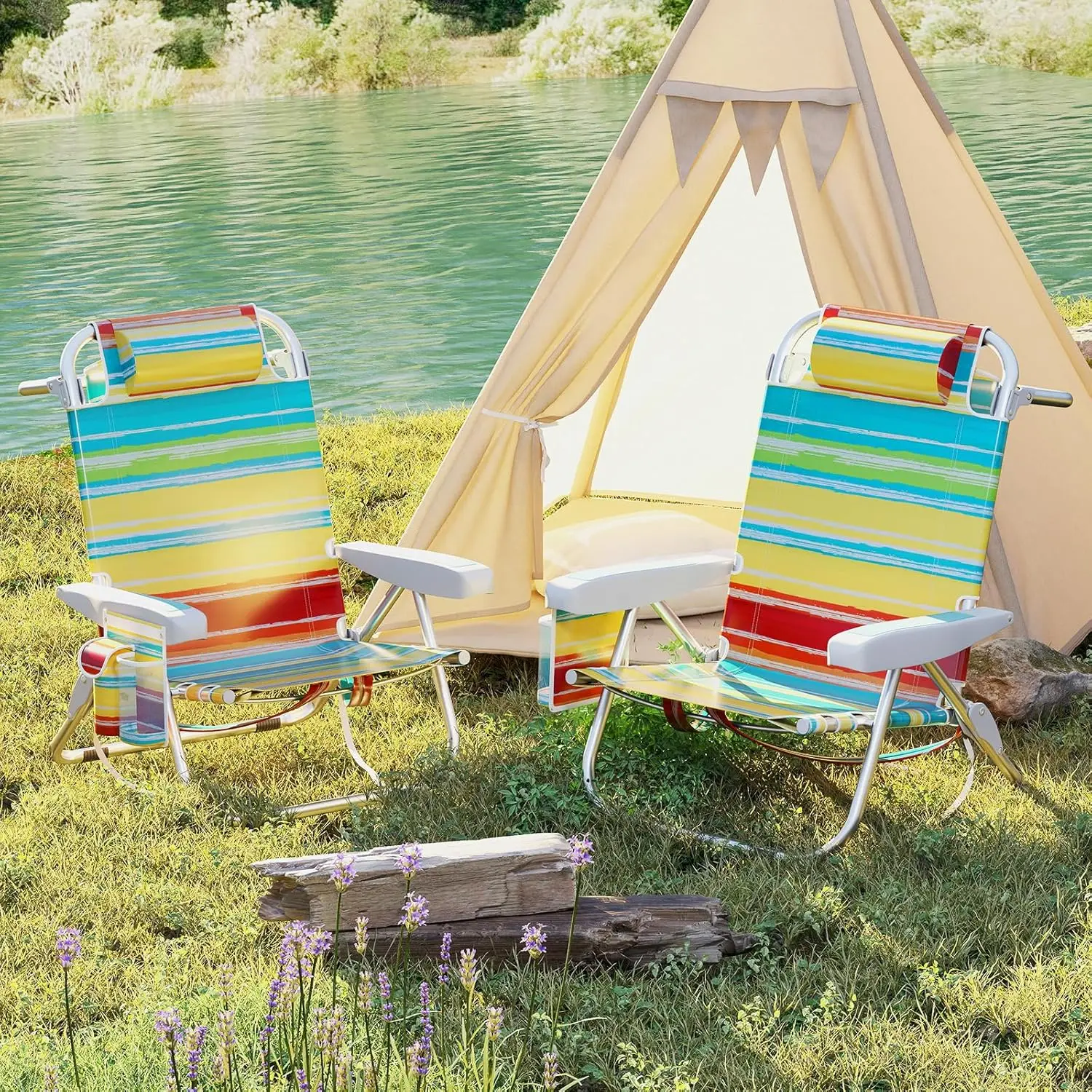 

2-Pack Backpack Beach Chair - Foldable Camping Chair with 5 Adjustable Position, Cup Holder, Storage Pockets,, Customized