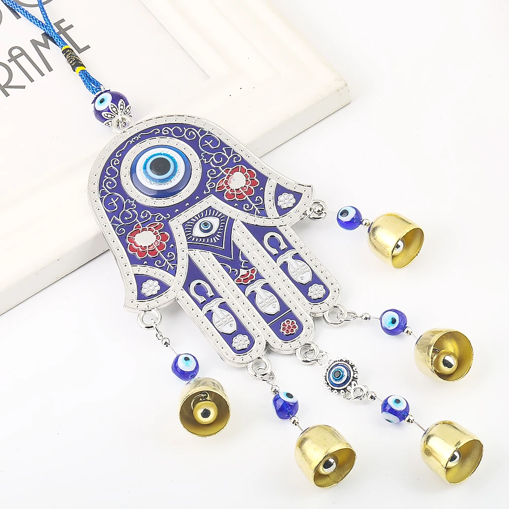 Fatima Wind Chimes Feng Shui Amulets Lucky Turkey Blue Eye Metal Bell Protection Protection Yoga Home Hanging Decor Car Pendant