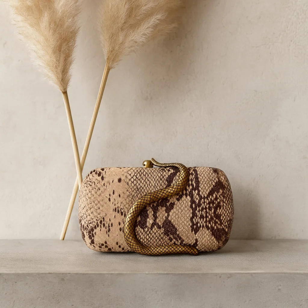 Elegant Box Clutch Bag with Gold Snake Closure, beige off white pu Leather, Evening Wedding Party Handbag, Spring 2026 new view 3