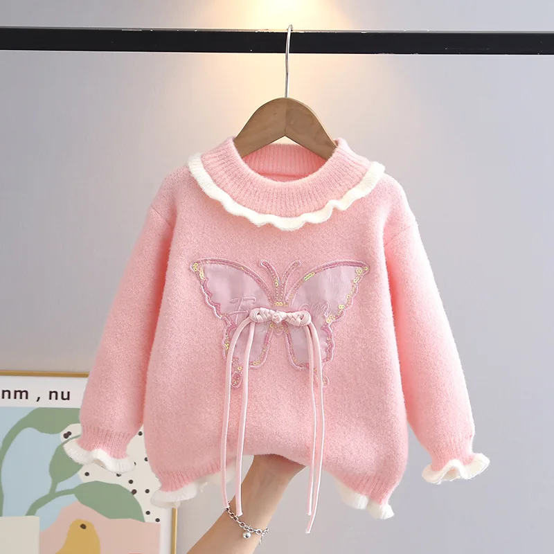 New Girl\'s Sweater Autumn and Winter Wild Lace Sweet Knitted Autumn Winter Girls\' Top