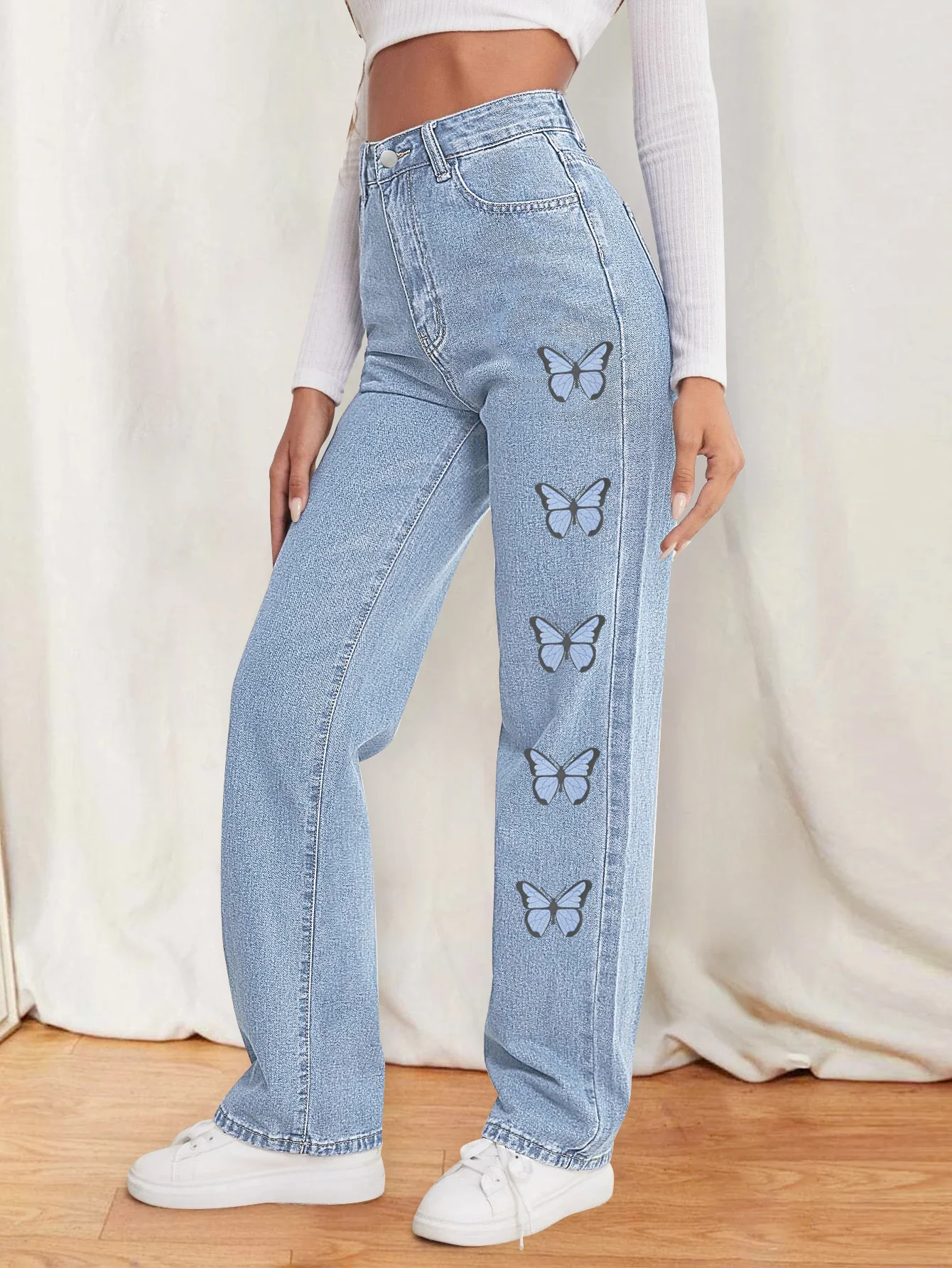 Jeans estampados de borboleta feminina, calças retas