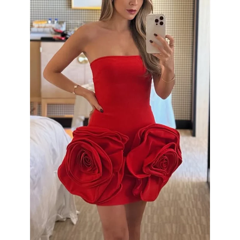 

2025 Summer Fashion Celebrity Style Three Dimension Flower Tube Top Patchwork Silm Short Rpom Party Dress Club For Women