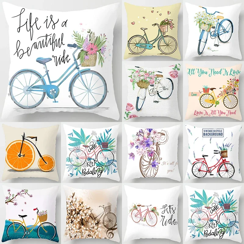 

Spring Home Decor Cushion Cover 45X45 Cm Living Room Bedroom Decorative Polyester Pillowcases Flowers Bike Printed Pillow Cover