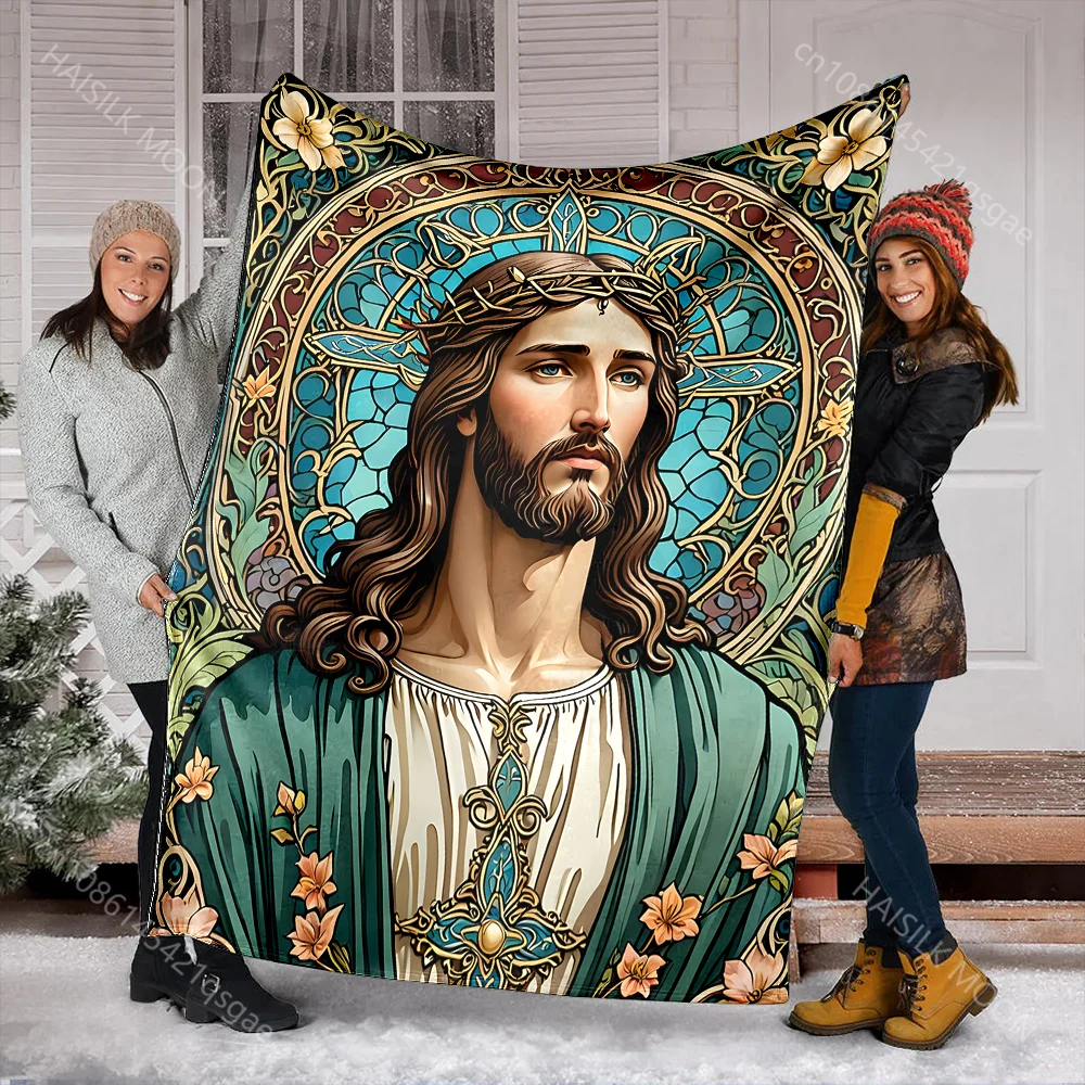 1PC Stained Glass Religious Figure print blanket Prayer blankets for believers suitable for home sofa camping travel car