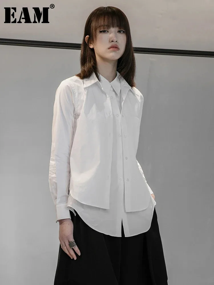 [EAM] Women White Irregular Button Casual Blouse New Lapel Long Sleeve Loose Fit Shirt Fashion Tide Spring Autumn 2024 1DF5701