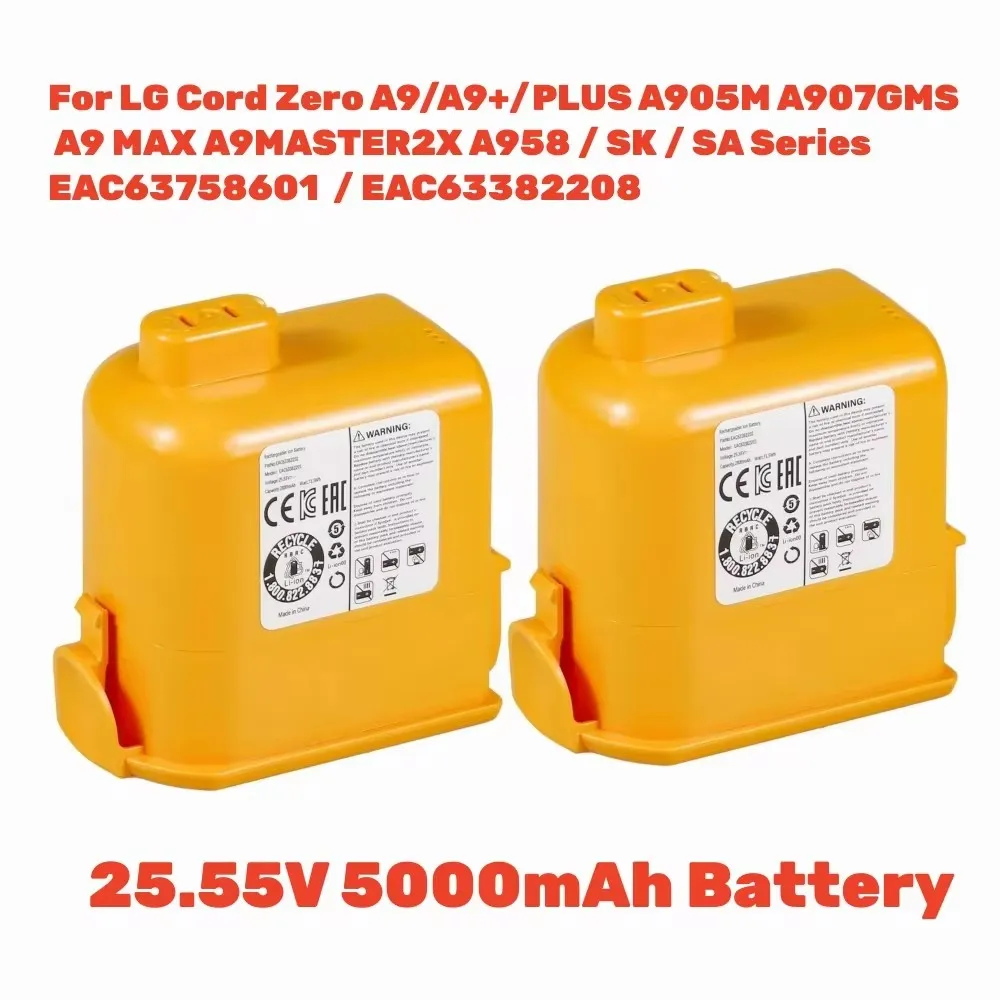 25.55V 5000mAh Battery For LG Cord Zero A9/A9+/PLUS A905M A907GMS A9 MAX A9MASTER2X A958/SK/SA Series EAC63758601 EAC63382208