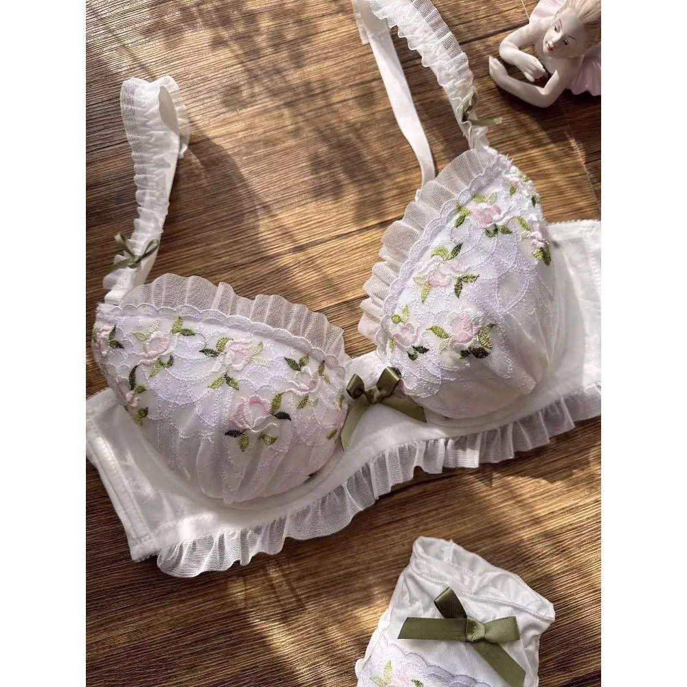 Japanese Fresh Embroidery Thin Cup Bra Set Cute College Student Lingerie Push‑Up Sexy Underwear Breathable Daily Intimates S-XL