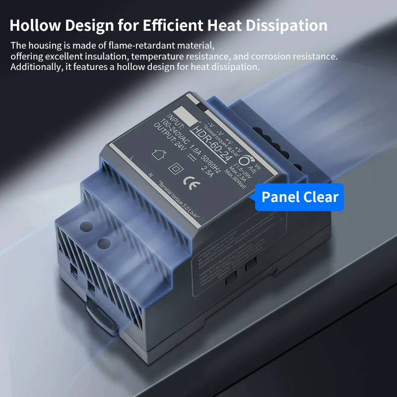 DIN Rail Ultrathin Switching Power Supply, HDR Series, Slim Step Shape Transformer, 15W/30W/60W/100W/150W, AC to DC 12V/24V Outp