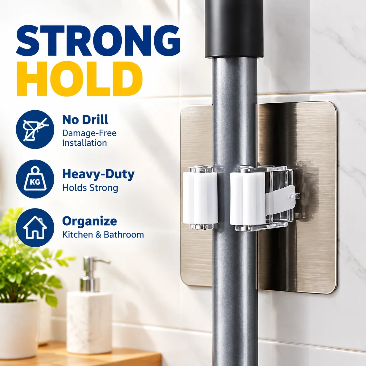 Heavy-Duty Adhesive Wall Hooks 1/2/4 Pack, No-Drill Broom Mop Holder for Kitchen Bathroom Organization