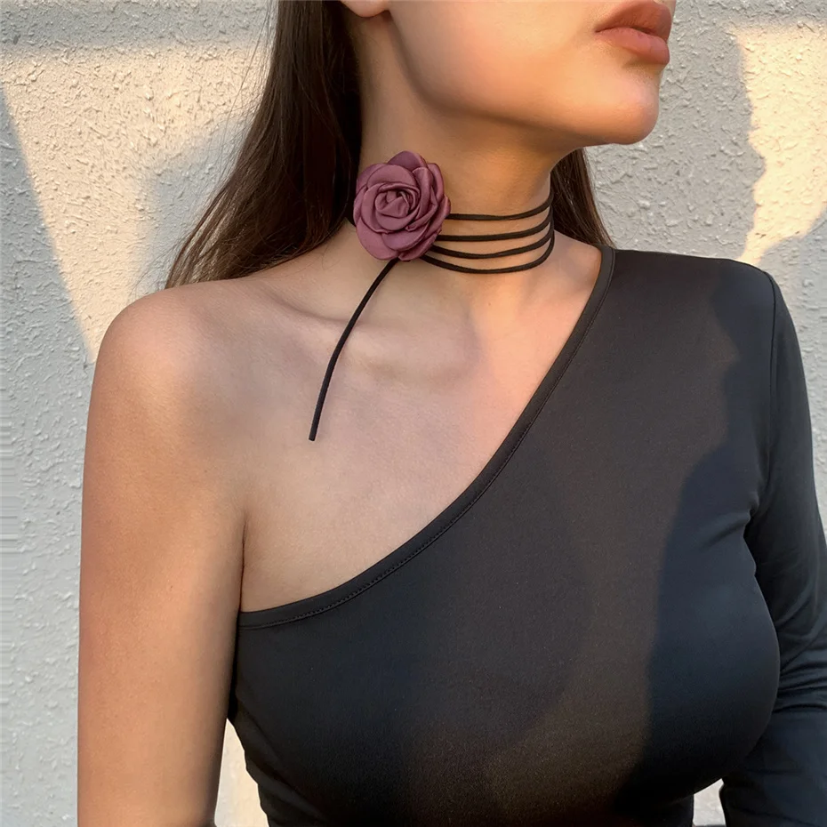 Romantische Gothic Große Rose Blume Schlüsselbein Kette Halskette für Frauen Damen Koreanische Mode Einstellbare Seil Halsband Y2K Zubehör – Detail 10
