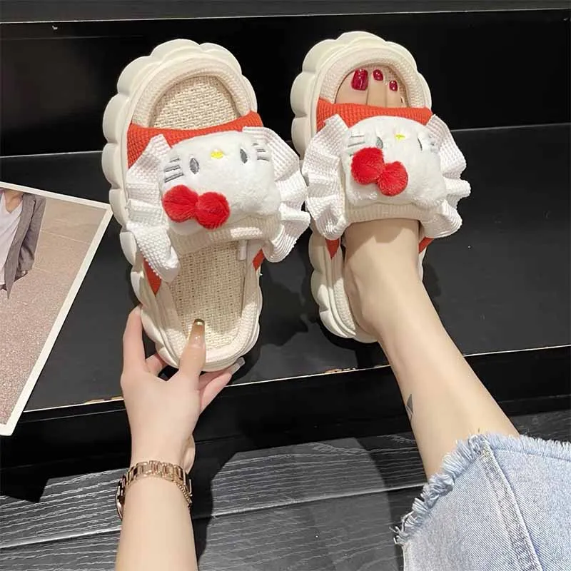 Anime Kawaii Sanrio Hello Kitty Sweet Household Slippers Cute Cartoon Non-Slip Comfortable Home Shoes Linen Slippers Girls Shoes