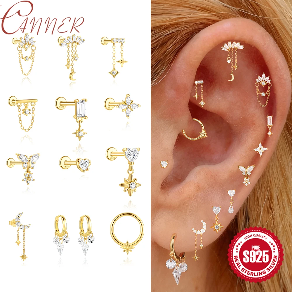 

CANNER 1Pc 925 Sterling Silver Tassel Chain Moon/Stars/butterfly Earrings For Women Geometric Zircon 18K Gold Piercing Jewelry