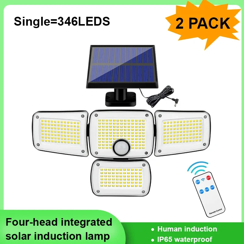 3000LM 270° Wide Angle 4 Heads LED Flood Lights IP65 Waterproof Wall Lights, Solar Panel Remote Control Solar Lights for Outdoor