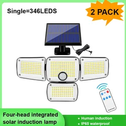 Luces LED de inundación para exteriores, Panel Solar con Control remoto, 3000LM, gran angular de 270 °, 4 cabezales, IP65, impermeable, luces de pared