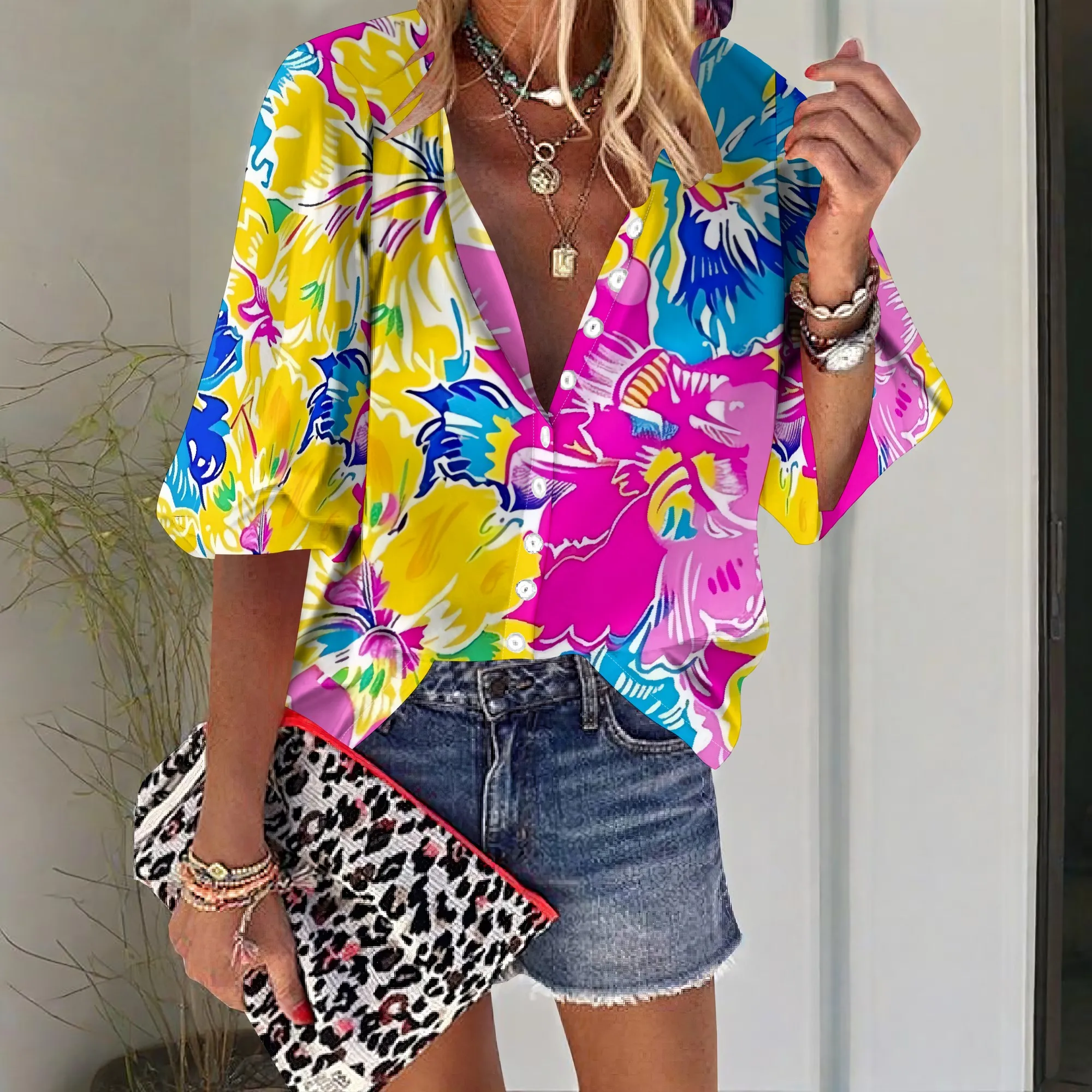 ผู้หญิงธุรกิจสบายๆนีออนดอกไม้พิมพ์เสื้อฤดูร้อน 3/4 แขนเสื้อปุ่มลงเสื้อดอกไม้ V คอเสื้อ